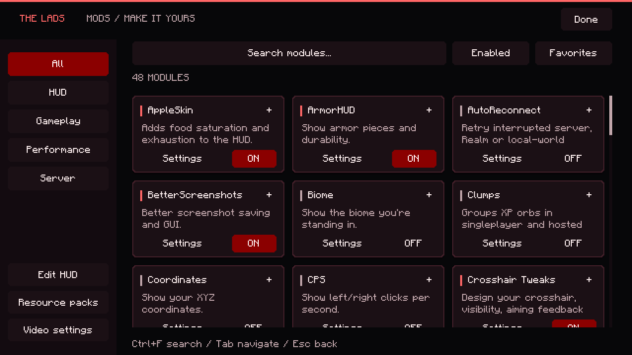 The Lads Client dark red module menu, with searchable native features and HUD controls